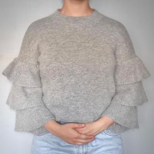 Endless Rose Solid Gray Fuzzy Ruffled Layered Long Sleeve Cropped Sweater